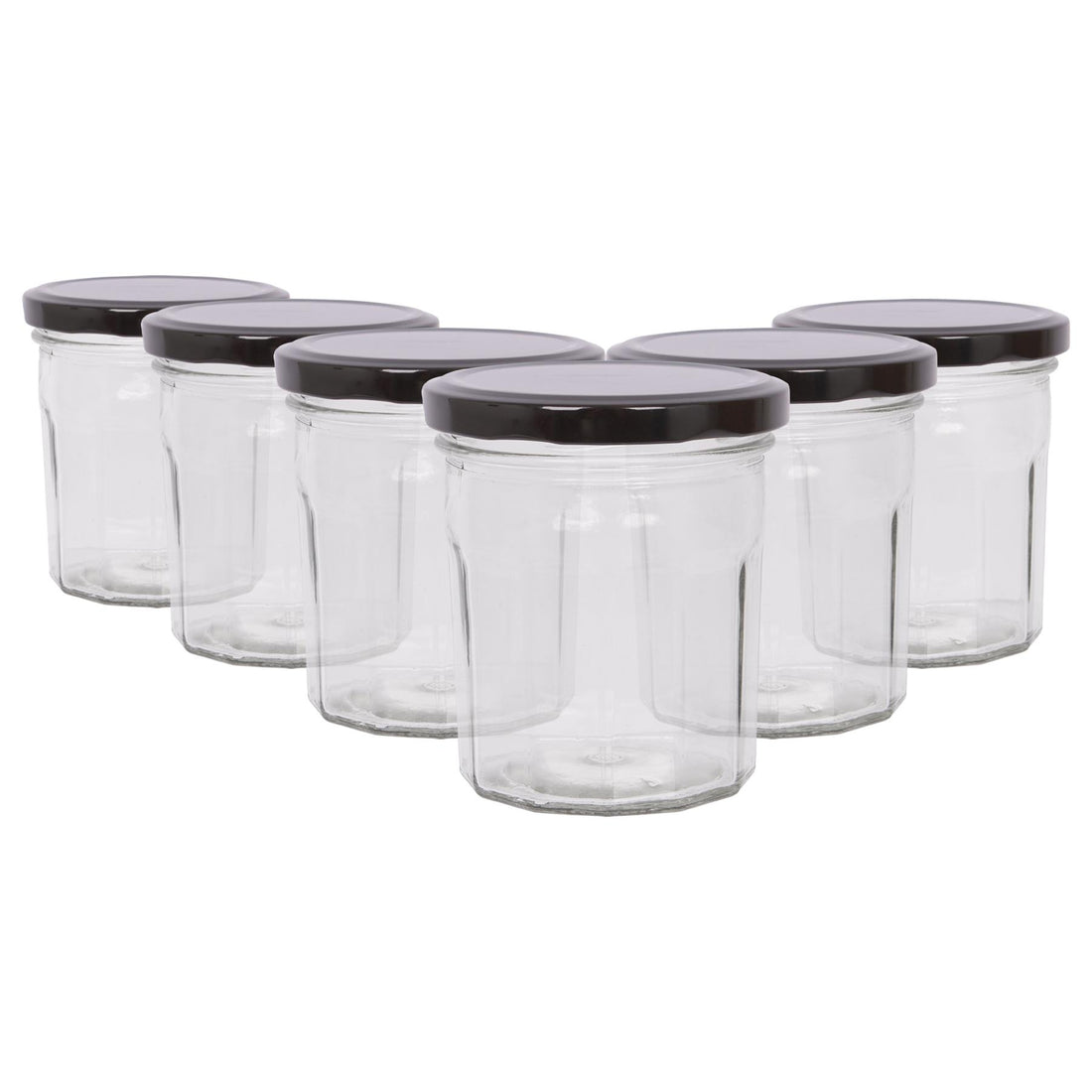 250ml Octagonal Glass Jam Jars with Black Screw-Top Lids - Pack of 6
