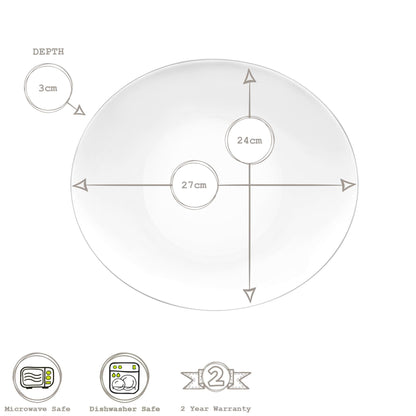 27cm x 24cm Prometeo White Oval Glass Dinner Plates - Pack of Six