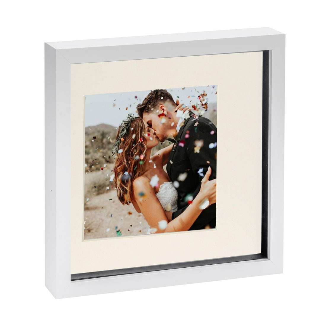 White 10" x 10" Shadow Box Photo Frame with 6" x 6" Ivory Mount &amp; Black Spacer