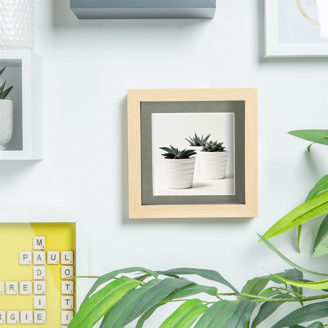 Light Wood 6" x 6" Deep Shadow Box Photo Frame with 4" x 4" Grey Mount