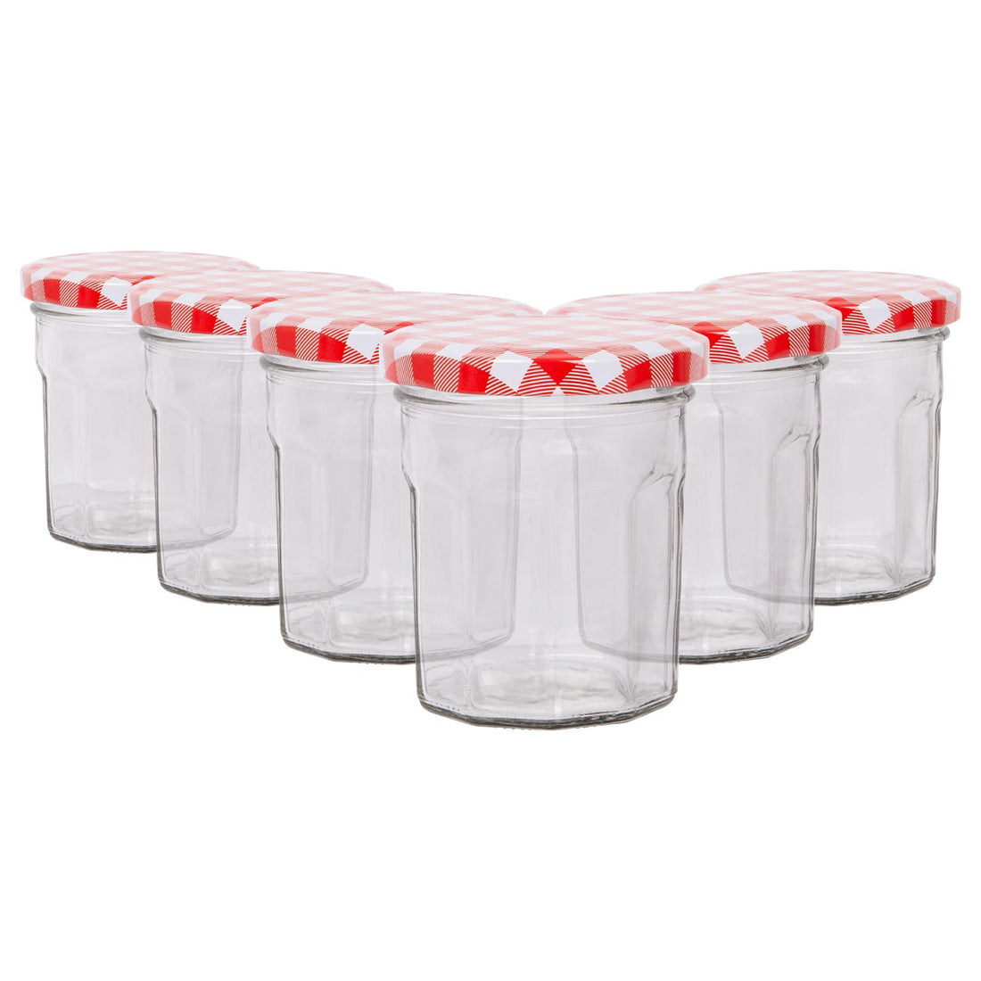 150ml Octagonal Glass Jam Jars with Red Gingham Screw-Top Lids - Pack of 6