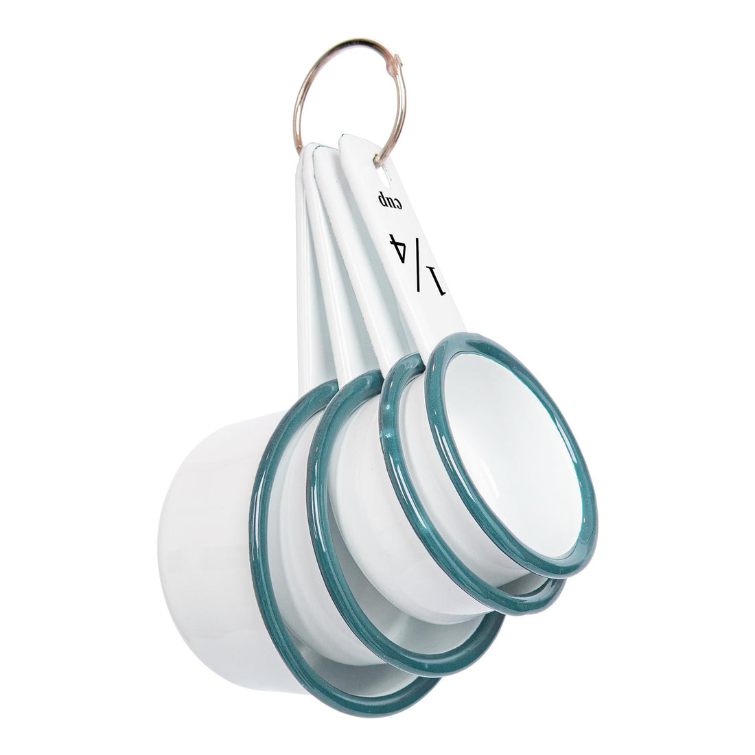 4-Piece White Enamel Measuring Cup Set with Green Rim