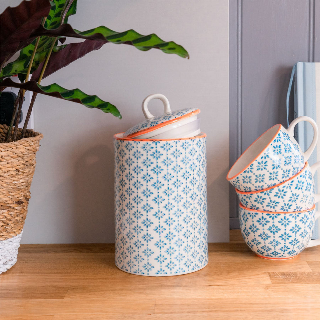Hand Printed China Tea &amp; Coffee Canisters - Pack of Three
