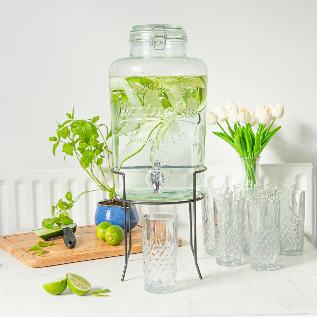 8.7L Glass Drinks Dispenser with Tap & Black Stand