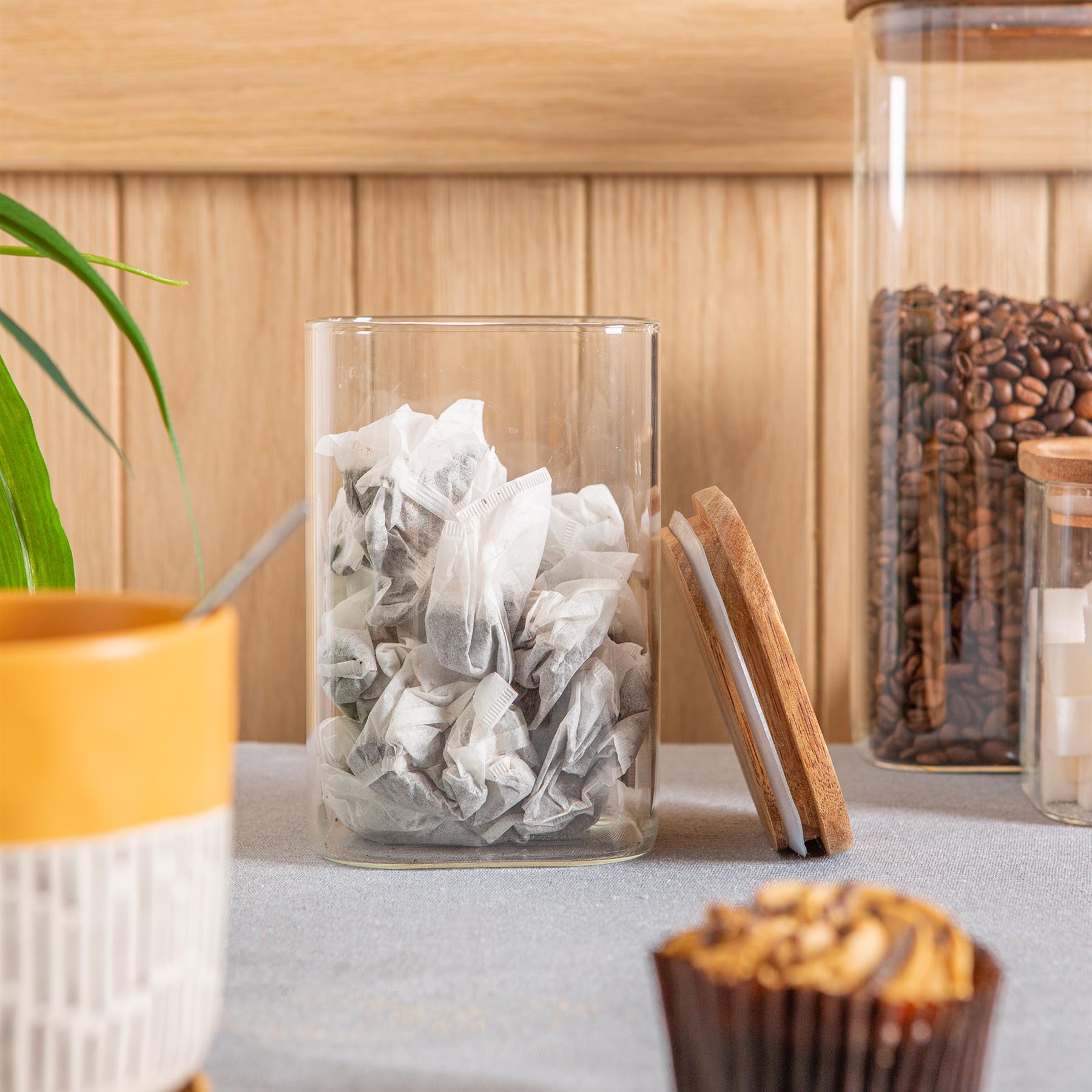 1.1L Square Glass Storage Jar with Wooden Lid