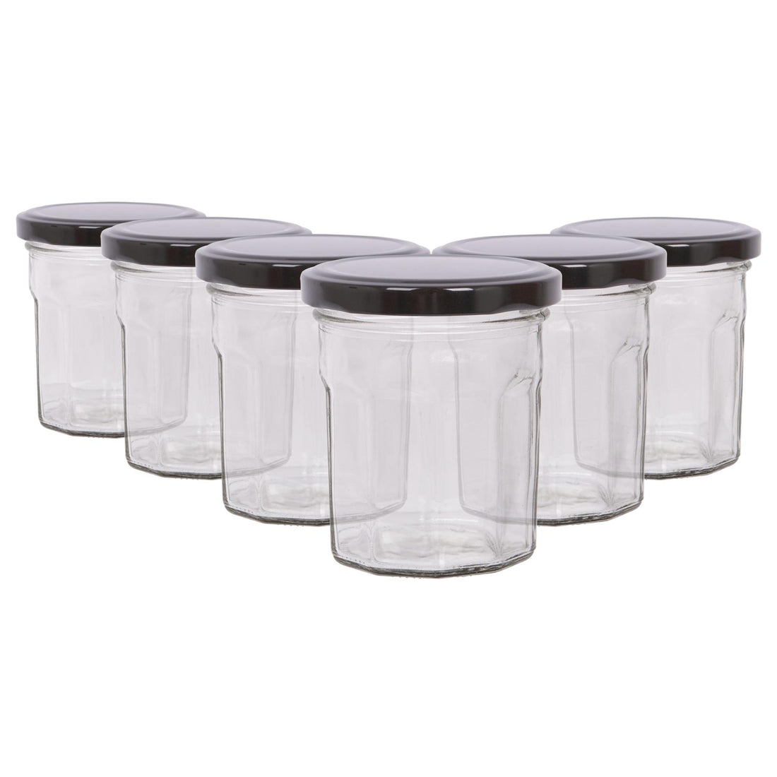 150ml Octagonal Glass Jam Jars with Black Screw-Top Lids - Pack of 6