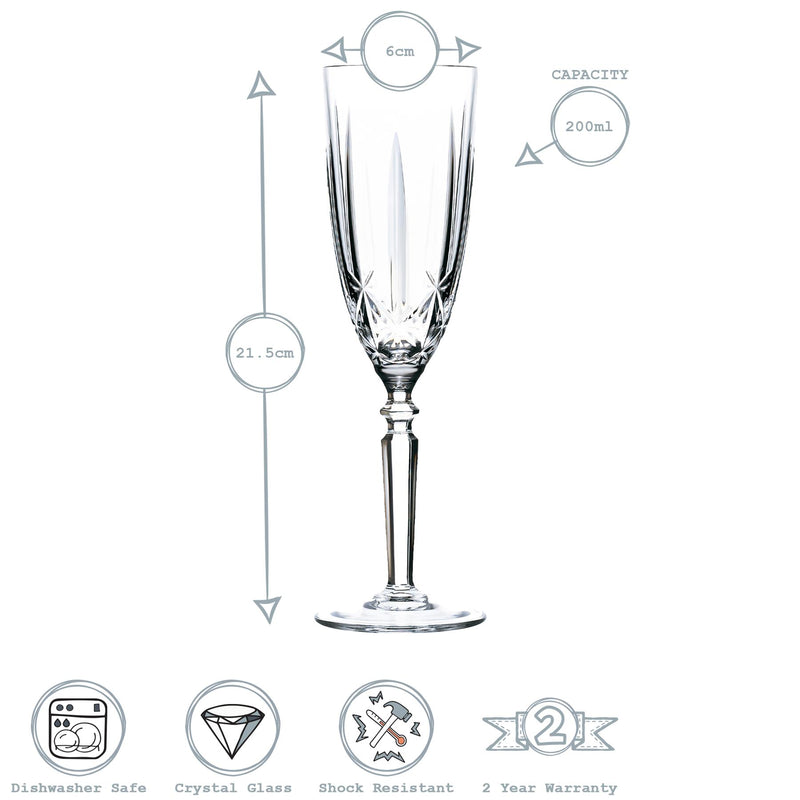 Orchestra Cut Glass Champagne Flutes - 200ml - Pack of 6 - By RCR Crystal